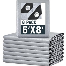 GliCraft 8 Pack 6 x 8 ft Tarps Heavy Duty Waterproof Tarp Multi Purpose Poly Tarp Tent Pool Tarp for Home Boats Cars Camping Patio Furniture Roof Emergency Rain Protective Cover (Silver)