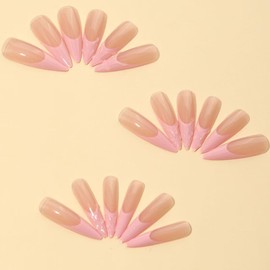 Pink French Tip Press on Nails 3D Swirl Wave Fake Nails Long Stiletto False Nails with Design Nude Transparent Glue on Nails Acrylic Full Cover Glossy Stick on Nails for Women Manicure 24PCS