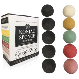 Konjac Sponge Set 10 Pack- Bulk Activated Bamboo Charcoal Facial Sponge Gentle Face Cleansing and Exfoliating Deep Turmeric, French Green, Rose and Red Clay for Face and Body by Bare Essentials Living
