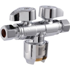 SharkBite Max Dual Shut Off Quarter-Turn Brass Ball Valve, 1/2 Inch Push to Connect x 3/8 Inch OD Compression x 3/8 Inch OD Compression, Chrome, URDS123838