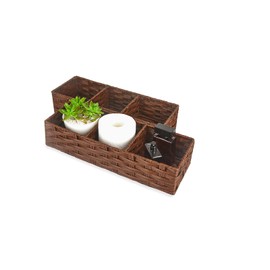 Buaihekefei Toilet Tank Topper Paper Basket ，Bathroom organizers and storage ，Waterproof Plastic Wicker Baskets for Organizing，Back of toilet basket with dividers，Brown, 2-Pack