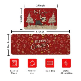 QIONG MENG Christmas Kitchen Mat Set of 2 French Bulldog Kitchen Rugs, Xmas Decorative Farmhouse Floor Mats for Home Kitchen Dining Room Decorations - 17x27 and 17x47 Inch