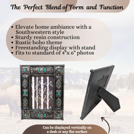 BestGiftEver Tabletop Photo Frame with Unique Southwestern Pattern | Turquoise Gem Accents | Western Decrorative Picture Frame | Rustic Turquoise and Silver Native American Home Decor