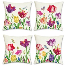 Bonhause Tulip Spring Floral Pillow Covers 18 x 18 Inch Set of 4 Farmhouse Garden Colorful Pillows Case Polyester Linen for Patio Sofa Bed Home Decor