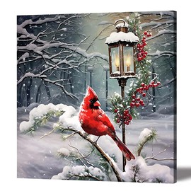 Christmas Cardinal Wall Art - Red Bird Canvas Print for Holiday Decor - 30x30cm Ready to Hang Painting
