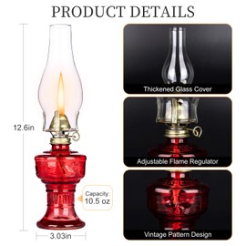 2 Pcs Chamber Oil Lamps for Indoor Vintage Kerosene Lamp Rustic Hurricane Kerosene Lantern with Adjustable Fire Wick Lighting Oil Lantern for Tabletop Decor and Emergency Lighting, 13'' High (Red)