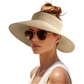 Women's Sun Visor Hats Wide Brim Straw Beach Hat Ponytail Foldable Packable Beach Vacation Essentials Beige