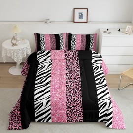 Leopard Kids Comforter Set Full Size,Glitter Cheetah Zebra Animals Skin Bedding Set,Girls Women Room Decor,Geometric Stripes Patchwork Down Comforter,Pink Romantic Duvet Insert,2 Pillowcases