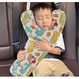 IBLUELOVER Kids Y-Shaped Travel Pillow Car Seat Belt Head Neck Support Cushion Universal Cars Seat Belt Cushion Adjustable Car Seats Strap Cover Pad Protector for Cars Travel Journey (Beige Dinosaur)