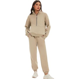 Kissonic Womens Two Piece Outfits Tracksuit Sets Half Zipper Fleece Joggers 2 Piece Long Sleeve Sweatshirts Jogger Pant(Apricot-XL)