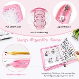 Ruatu Sticker Storage Organizer Binder A5 Sticker Collecting Book Reusable Zipper Album with Clear Laser Star Cover and Pocket Pages (Pink)