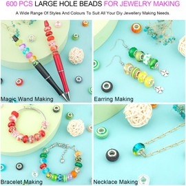 600 Pcs European Large Hole Beads, Assorted European Craft Beads Mixed Color Lampwork Spacer Beads Large Hole Fairy Garden Beads for DIY Charms Bracelet Necklace Earring Jewelry Making Supplies