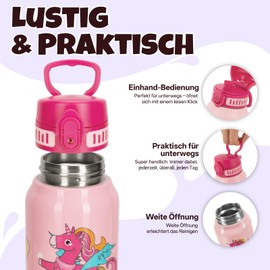 UZSPACE Edelstahl Trinkflasche Kinder auslaufsicher, 550ml Wasserflasche für Schule Kindergarten, Isolierte doppelwandige Flasche mit Einhandbedienung, Mädchen bei Sport Outdoor Alltag, rosa Einhorn