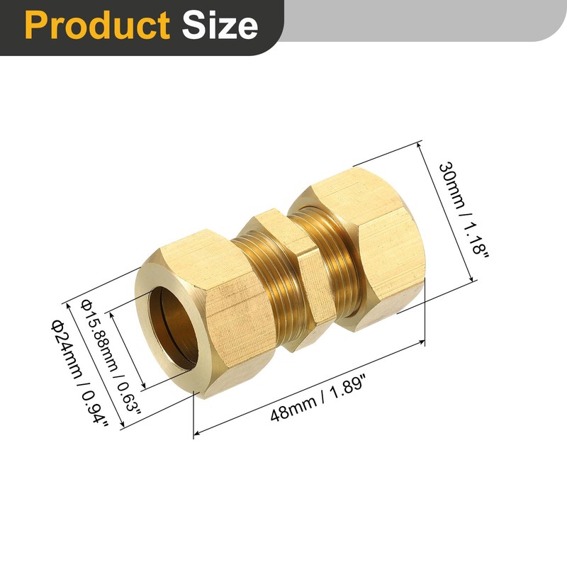 sourcing map 1Pcs Brass Compression Tube Fitting, 15.88mm Tube OD