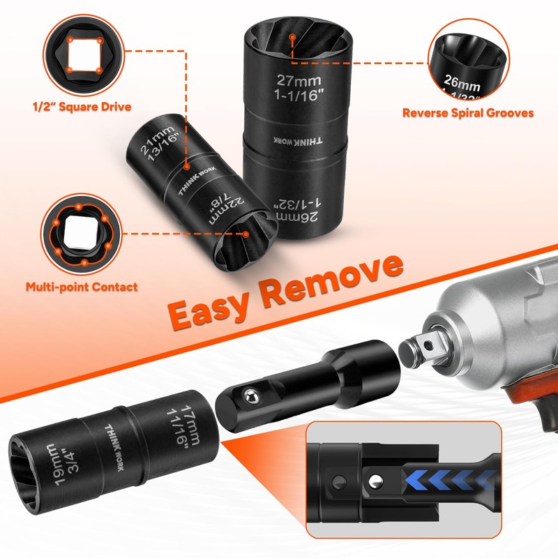 THINKWORK 1/2 Inch Drive Lug Nut Extractor Set, 5pcs Flip