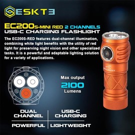 EC200S-Mini RED 1400 lumens White and Red beam USB-C Rechargeable Powerful Aluminum Flashlight-Lightweight, Compact Pocket Light Camping Hiking Running Waterproof Outdoor (High CRI 4500K, Brown)