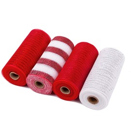 RUSPEPA Deco Mesh Ribbon - 15cm x 9.14m Each Roll - Metallic Foil Red and White Rolls for Wreaths, Swags and Decorating - 4 Pack