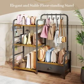 Purse Organizer for Closet, with Bottom Drawer, Extra Large Capacity 3 Tier Handbag Storage Rack for Women, 10 Purse Hanger and Hooks for Bag Organizer, Floor-Standing, Home, Living Room (Black)