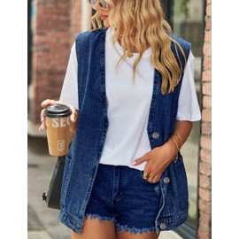 Shebote Womens Oversized Sleeveless Jean Denim Jacket Button Down Vest Top for Women Summer Waistcoat Jeans Vests Tops(0168-02Blue-M)