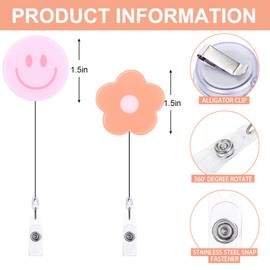 Whaline 8Pcs Bright Colors Flower and Smile Acrylic Retractable Badge Holder with Clip Colorful Round ID Badge Reel Name Tag for Office Hospital Nurse Doctor Teacher Favor