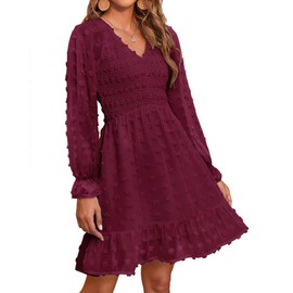 BTFBM Women V Neck Smocked Short Dress Long Sleeve Flowy Casual Swiss Dot Ruffle Chiffon Mini Summer Fall Dresses 2024(Solid Wine Red, Medium)