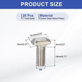 PATIKIL M8 x 20 mm Thread T-Slot Bolts, 20 Pcs Drop-in Bolt Hammer Head T-Bolt Standard 8 mm Sliding Screw Stud for 30 Series Aluminum Extrusion Profile, Silver