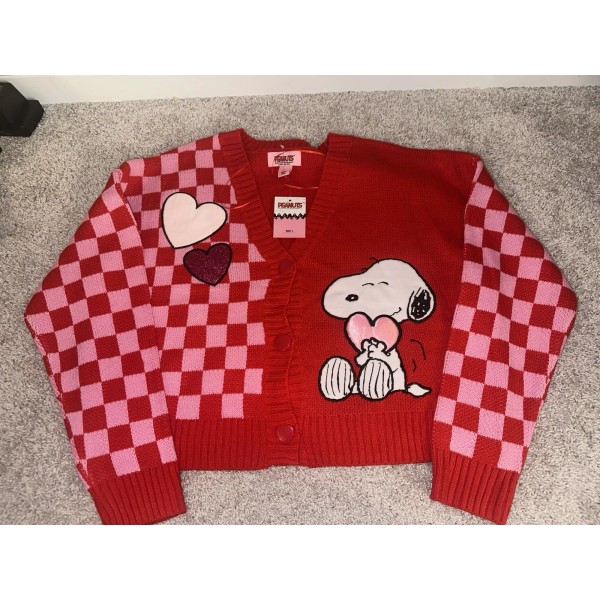 Snoopy PEANUTS Snoopy Red/Pink Valentine’s Day Cardigan Sweater V-Neck Buttons