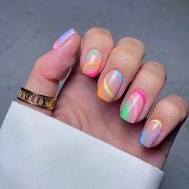 MERVF Medium Press on Nails Square Fake Nails Colorful French Tip Glue on Nails with Striped Design Squoval Rainbow Swirls Acrylic False Nails Press ons Glossy 24pcs