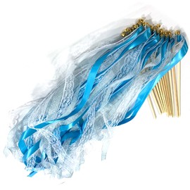 DHER Wedding Ribbon Stick for Wedding GlüCk Sticks Wedding Streamers Pack of 12 Ribbon Fairy Wand Magic Wand Streamers Magic Wand with Bells Wedding Band Fluttering Decoration Party (Blue)