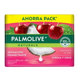 Palmolive Jabón de Baño Naturals Cereza y Coco en Barra 4 x 120 g. Con Ingredientes de Origen 100% Natural. Sensación Humectante y Fabricado Responsablemente. Consiente tu Piel