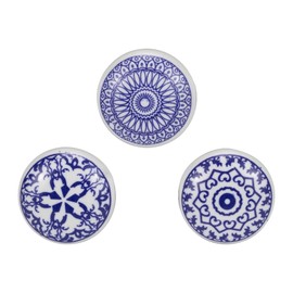 ETHNICITI 8 x Round Blue & White Handmade Geometric Ceramic Door Knobs Cupboards Drawers Cabinets Wardrobe Assorted Vintage Shabby Chic Kitchen Bedroom Living Room Furniture Dressers Pulls Handles