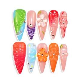 LIFOOST Handmade Press On Nails Long Stiletto Fake Nails Glue Stick On Nails with Flowers Bling Rhinestones