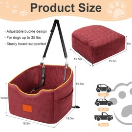 XIEEAOZEE Dog Car Seat for Small Dogs, Memory Foam Booster Dog Seat for Dogs up to 35 lbs, Elevated Pet Car Seat, Travel Safety Pet Seat with Washable Removable Cover, Storage Pockets (Red)