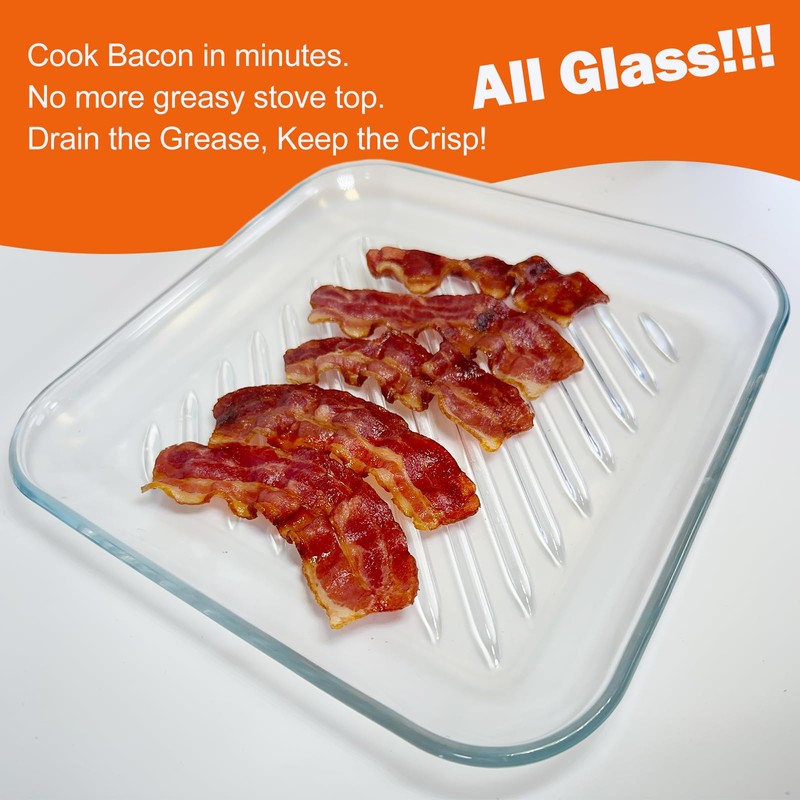 HoPliGhe Microwave Bacon Cooker Pan, Square Glass Bacon Tray for