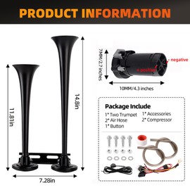 Air Horn for truck horn kit, ultra loud dB. The Air horn with two 120 PSI Air compressor is suitable for pickup/motorhome/SUV/truck/train 12V 150db and other vehicles (2 speakers with button)