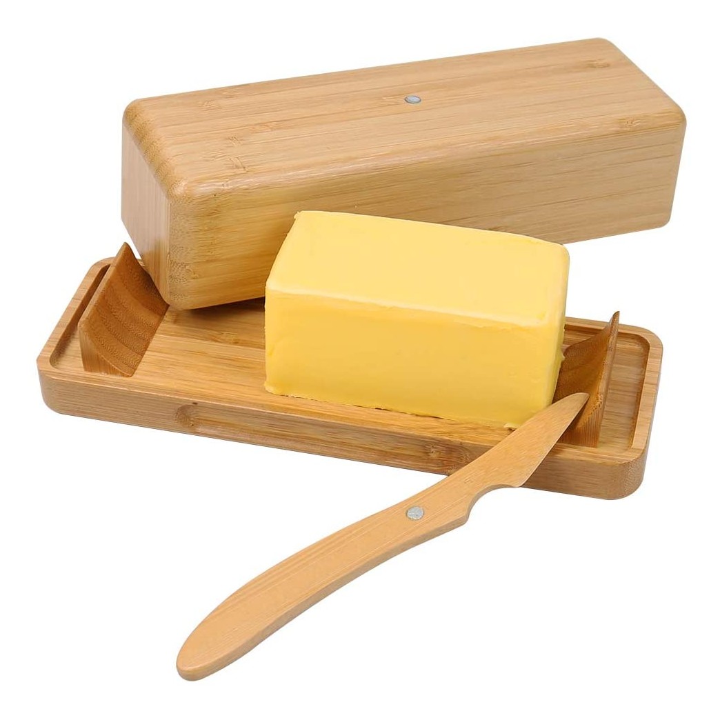 Butter Dish with Lid for Countertop By HTB, Bamboo Butter Holder for Table with Measurements and Knife, Farmhouse Smart Covered Butter Keeper With Easy Scoop Ramps