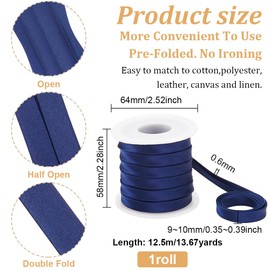 BENECREAT 13.5 Yard Satin Bias Tape, 0.4inch Wide Double Fold Satin Binding Bias Ribbon for Cheongsam Decoration, Clothing Seaming Piping, Dark Blue