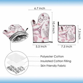 Samgula Pink Paris Oven Mitts and Pot Holders Sets Eiffel Tower Romantic Travel Heat Resistant 3pcs for Cooking Baking BBQ