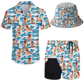 Mens hotdog Hawaiian Sets Rave Clothes 2 Piece Outfits Hawaiian Shirt And Shorts With Hat Medium