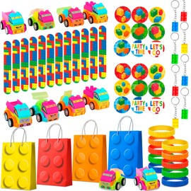 Building Block Birthday Party Favors, 62 Pcs Building Blocks Party Favors Set- Building Block Favor Bags, Building Block Birthday Party Keychains Slap Bracelets etc Building Block Themed Party Favors