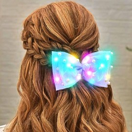 CAKURE Light Up Hair Bow Clips Pearl Bow Hair Barrette Led Mermaid Hair Accessories for Women and Girls (l-light purple)