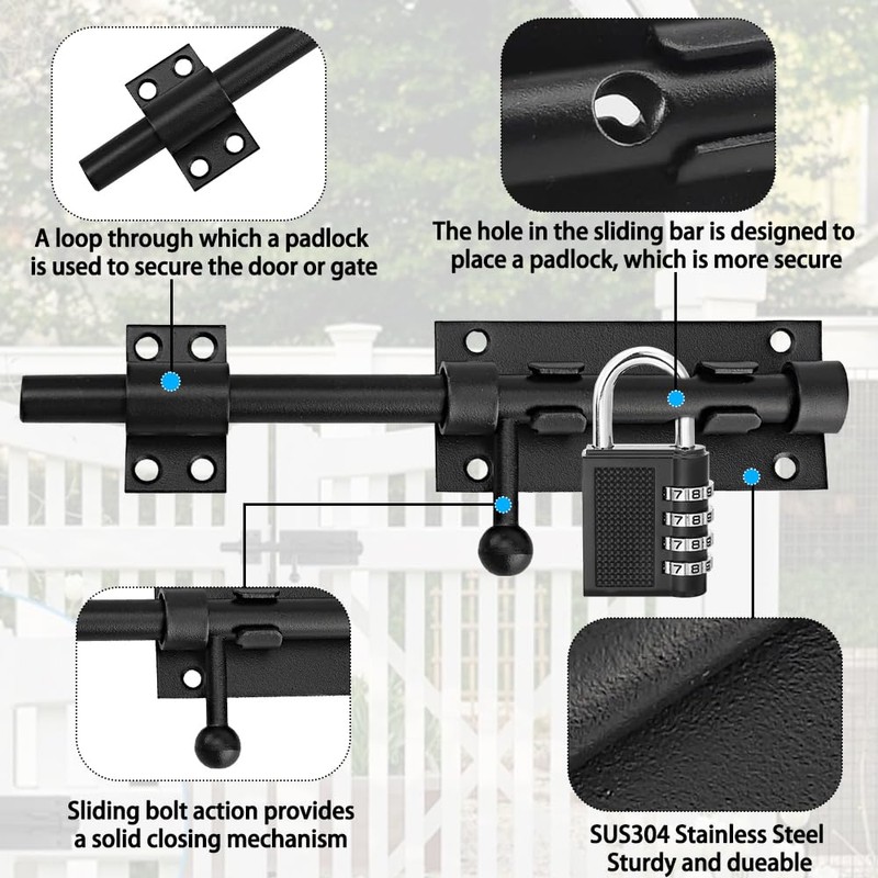Aoreun Door Bolt Bolt with Combination Lock, Padlock, Stainless Steel