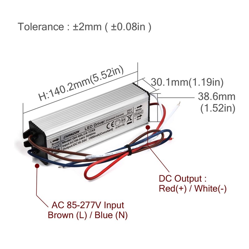 Chanzon LED Driver 1500mA (Constant Current Output) 18V-39V (in:100-240V AC-DC)