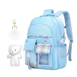 Flyhapi Cute Blue Backpack with Cartoon Doll and Plush Pendant, Aesthetic Kawaii Backpacks for Girls, Fashion BookBag for School