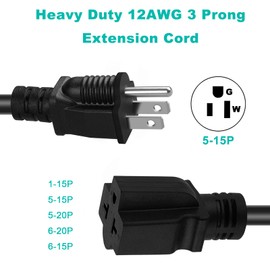 LAKCZIO 10 FT 12 Gauge Extension Cord, 12AWG 15Amp 5-15P Household AC Plug Adapter to 20Amp 5-15R, 5-20R, 6-15R, 6-20R, T Blade Outlet Power Cord.