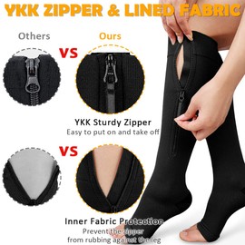 CASMON 15-20mmHg Zipper Compression Socks for Women and Men, Knee High Compression Stockings, Medical Open Toe Support Socks for Varicose Veins, Post-Surgery, Swelling, Nurses, Pregnancy (1 Pair)