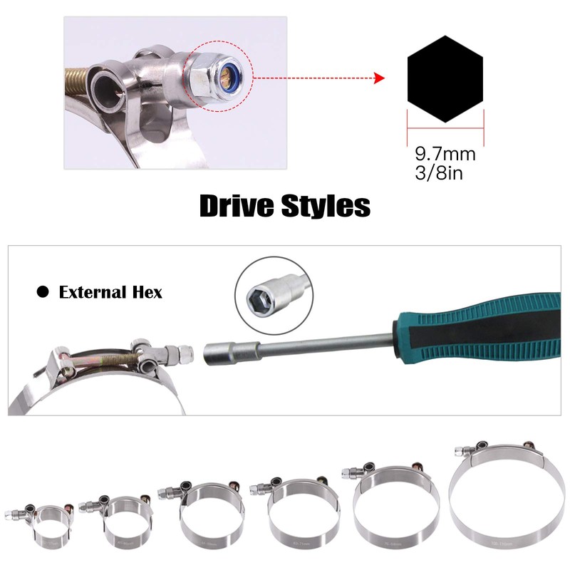 Glarks 12Pcs 6 Sizes 32-116mm Stainless Steel T-Bolt Hose Clamps