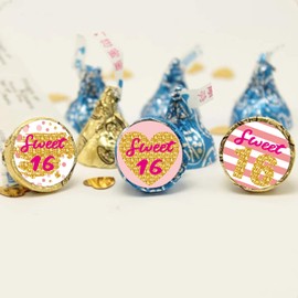 Sweet 16 Kisses Stickers, 16th Birthday Party Round Candy Sticker Favors, Pink Sweet 16th Birthday or Anniversary, Happy 16th Birthday Decorations, 180 Count