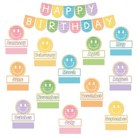 JarThenaAMCS 61Pcs Happy Birthday Bulletin Board Set Boho Happy Face Calendar Poster Pastel Classroom Birthday Chart for Back to School Decorations