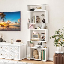 Tangkula 6-Tier S-Shaped Bookshelf, 64" Freestanding Geometric Bookcase, Home Office Wood Storage Shelf with Anti-Toppling Device, Room Divider Display Rack for Study, Living Room (1, White)
